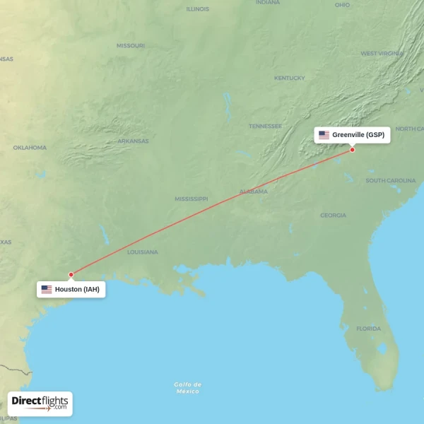 Greenville - Houston direct flight map