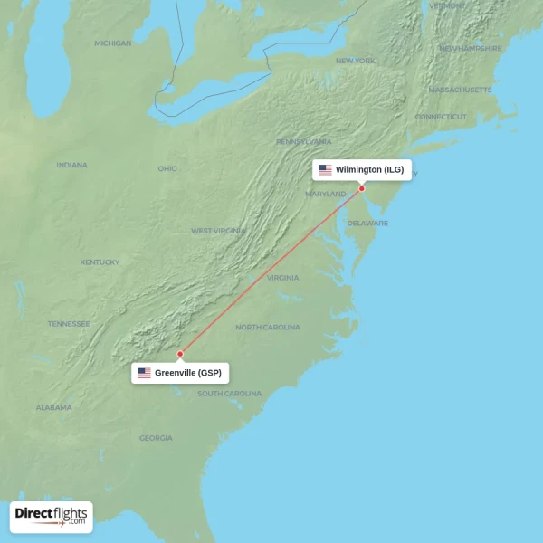 Greenville - Wilmington direct flight map