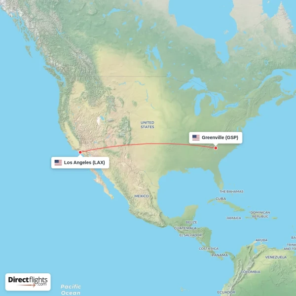 Greenville - Los Angeles direct flight map