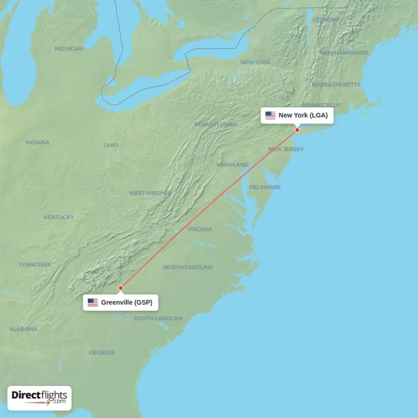 Greenville - New York direct flight map