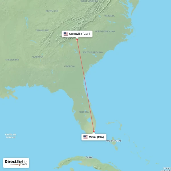 Greenville - Miami direct flight map