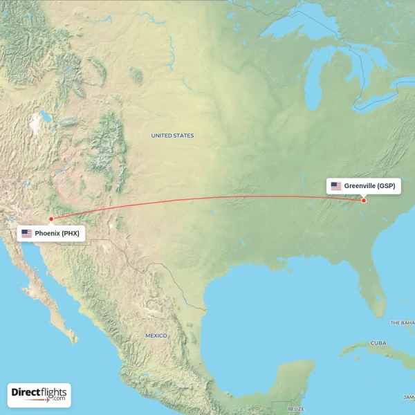 Greenville - Phoenix direct flight map