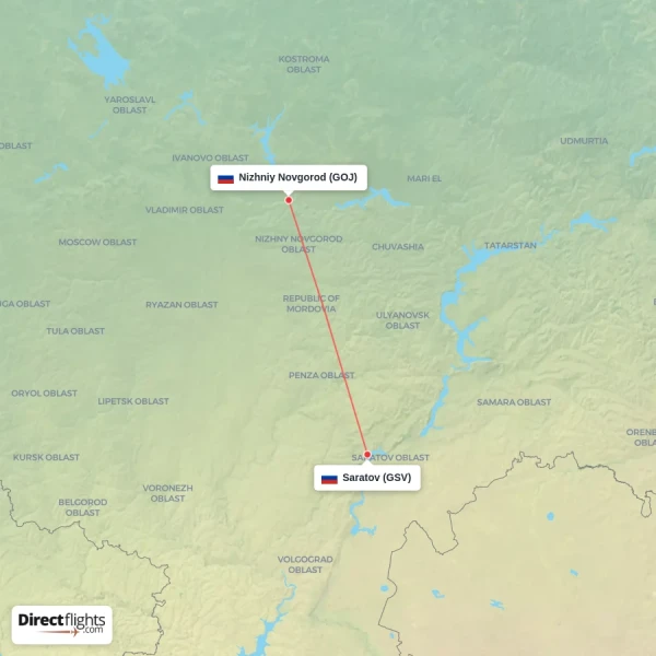 Saratov - Nizhniy Novgorod direct flight map