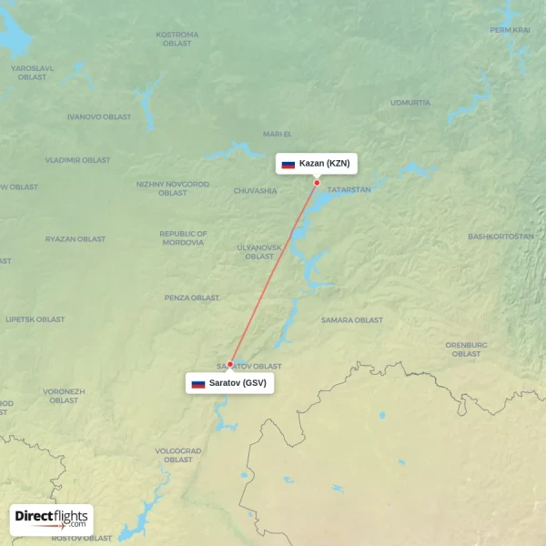 Saratov - Kazan direct flight map