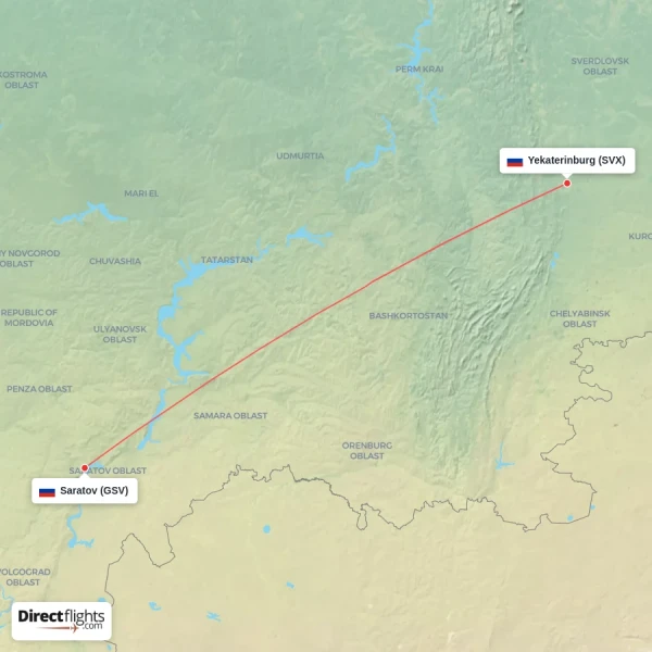 Saratov - Yekaterinburg direct flight map