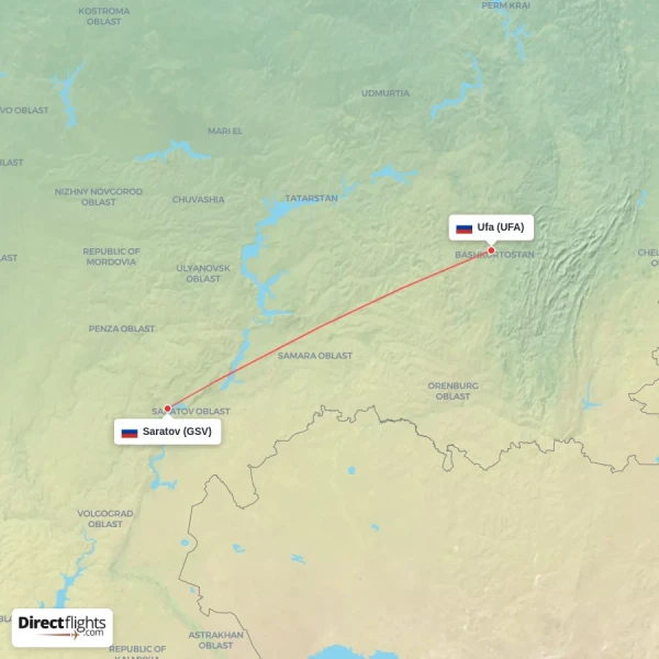 Saratov - Ufa direct flight map