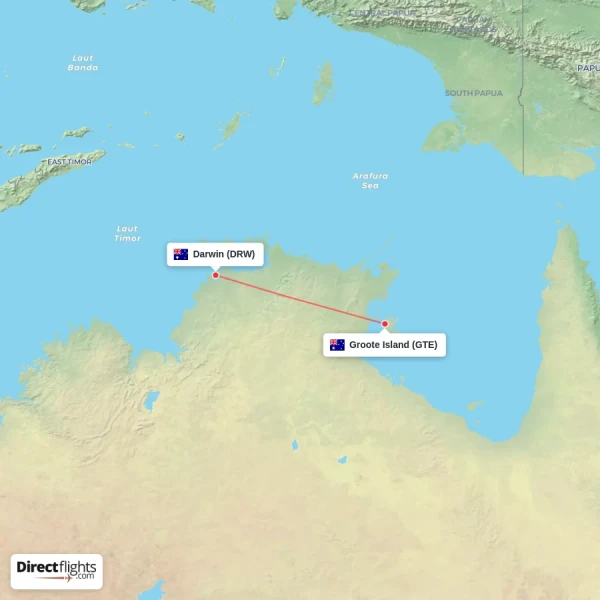 Groote Island - Darwin direct flight map