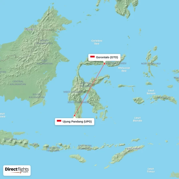 Gorontalo - Ujung Pandang direct flight map