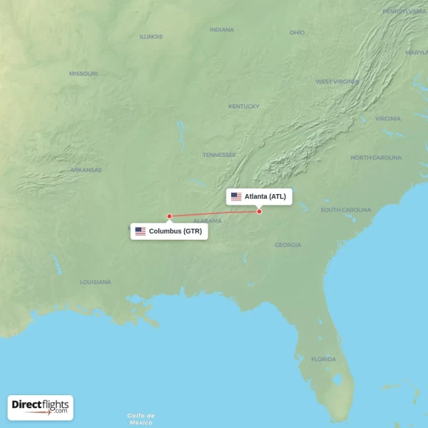 Columbus - Atlanta direct flight map