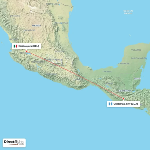 Guatemala City - Guadalajara direct flight map