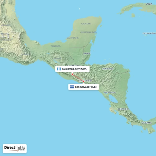 Guatemala City - San Salvador direct flight map