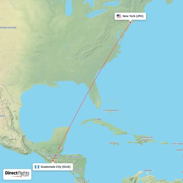 Guatemala City - New York direct flight map