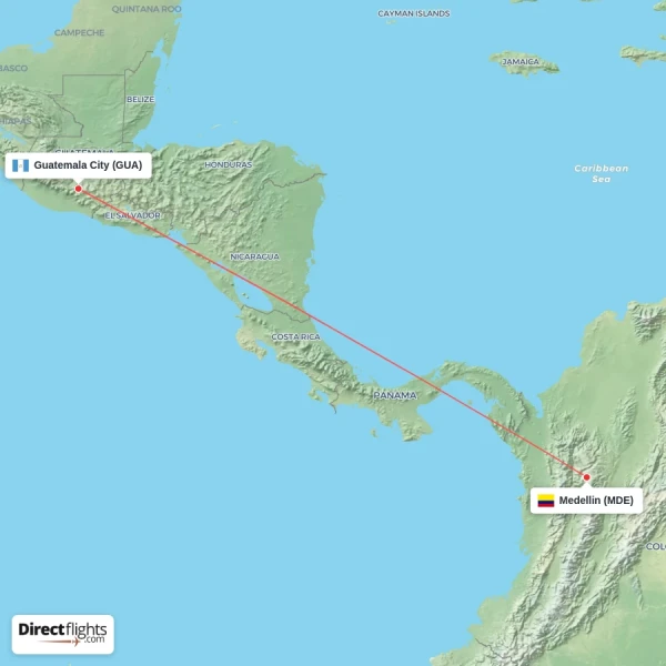 Guatemala City - Medellin direct flight map