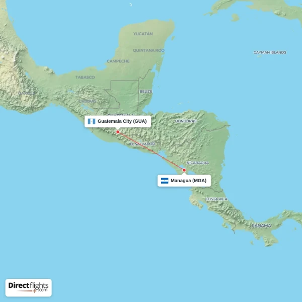 Guatemala City - Managua direct flight map