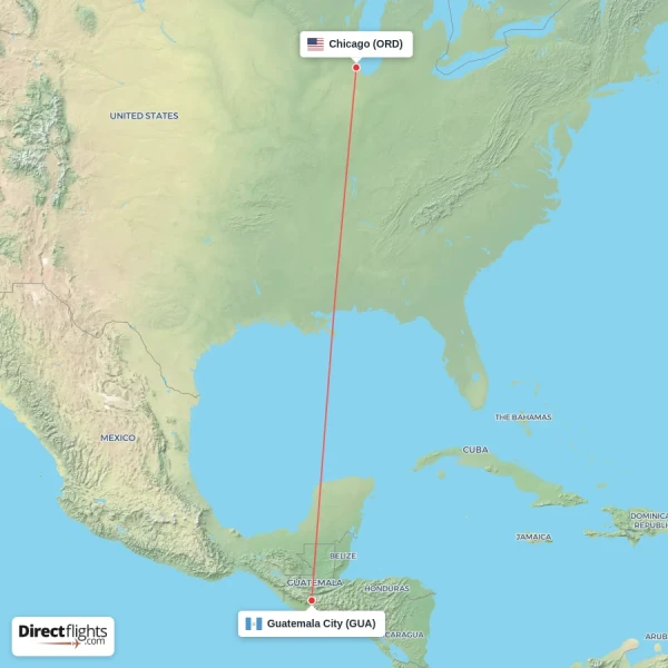 Guatemala City - Chicago direct flight map
