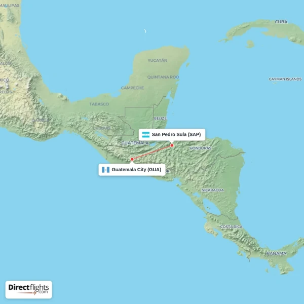 Guatemala City - San Pedro Sula direct flight map