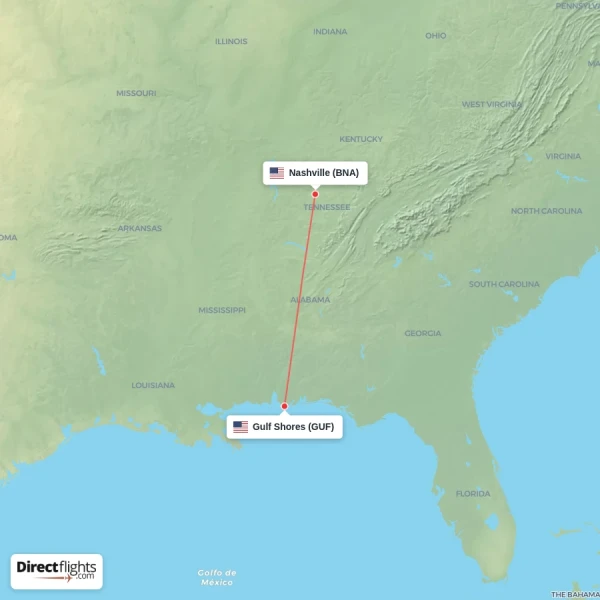 Gulf Shores - Nashville direct flight map