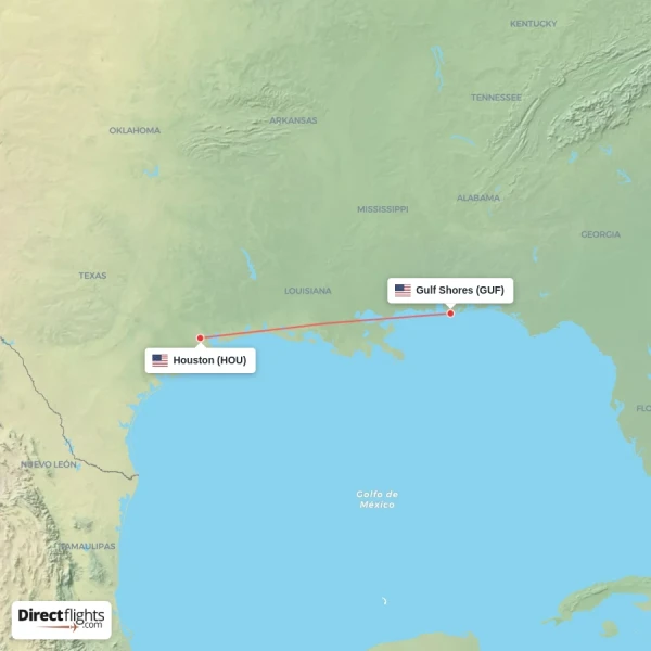 Gulf Shores - Houston direct flight map