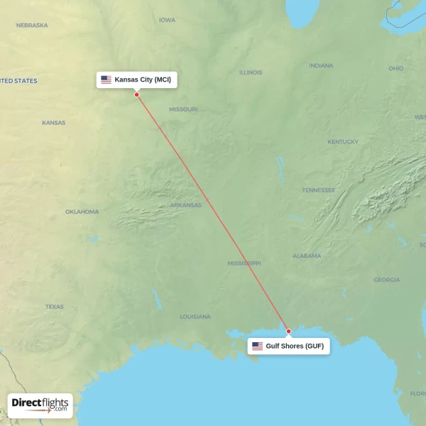 Gulf Shores - Kansas City direct flight map