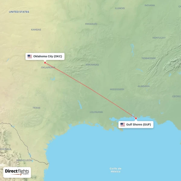 Gulf Shores - Oklahoma City direct flight map