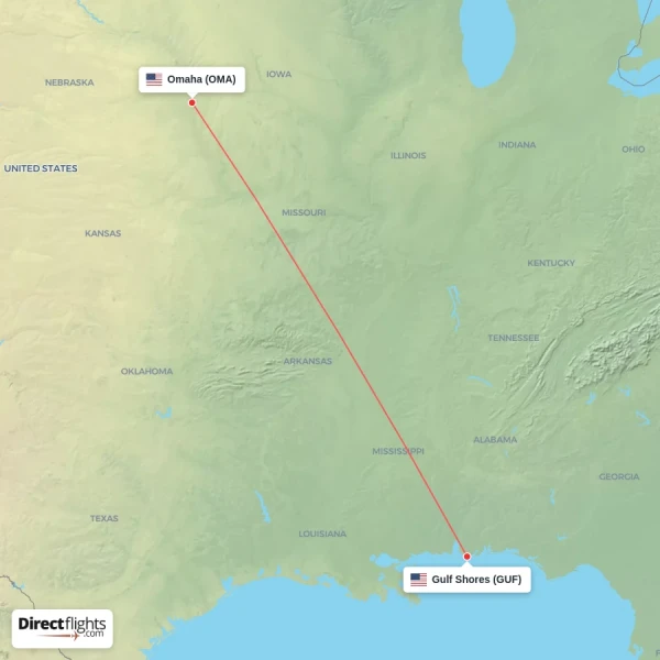 Gulf Shores - Omaha direct flight map