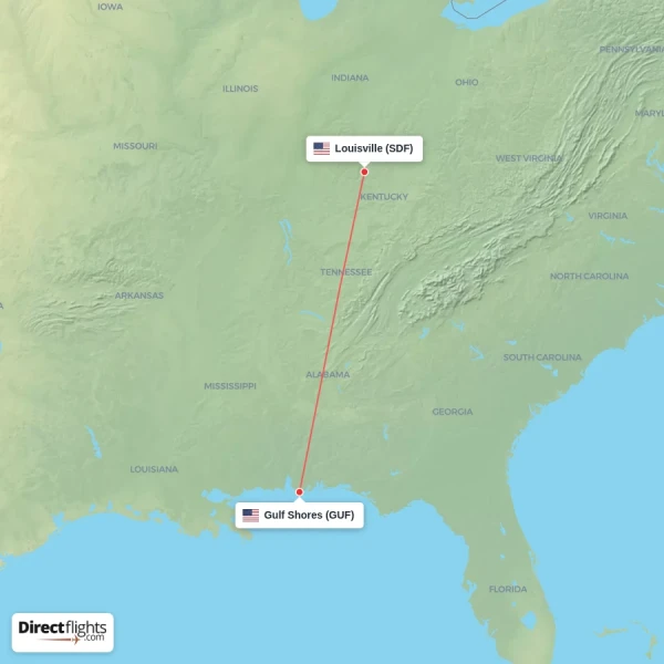 Gulf Shores - Louisville direct flight map