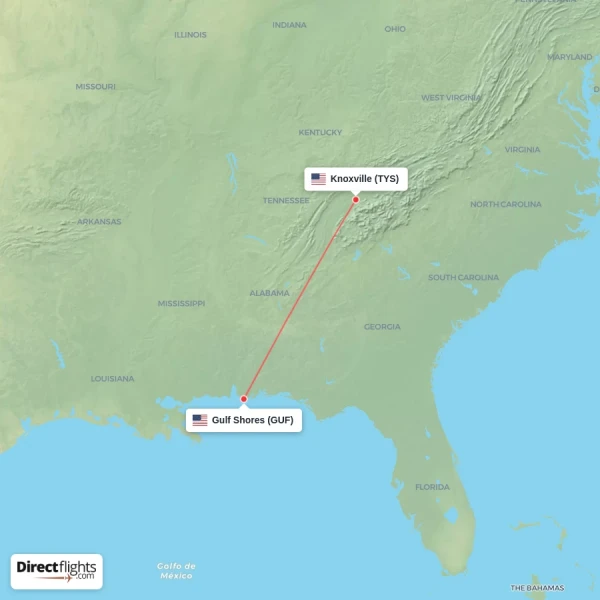 Gulf Shores - Knoxville direct flight map