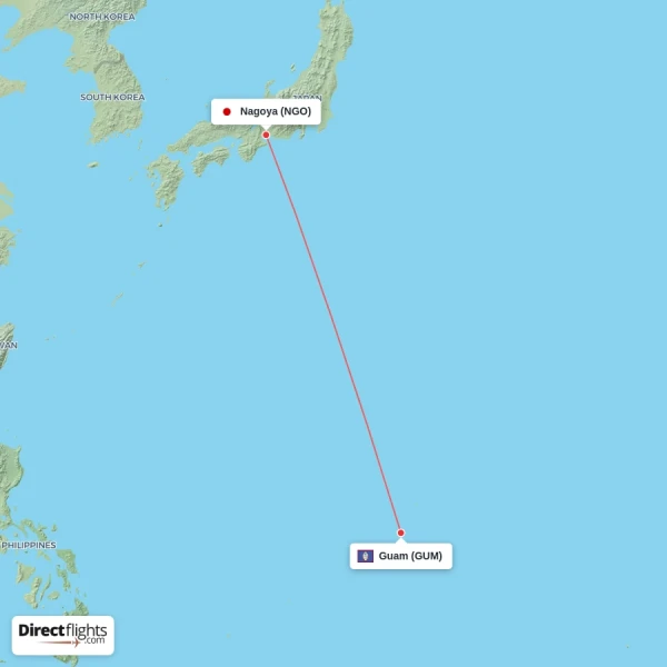 Guam - Nagoya direct flight map