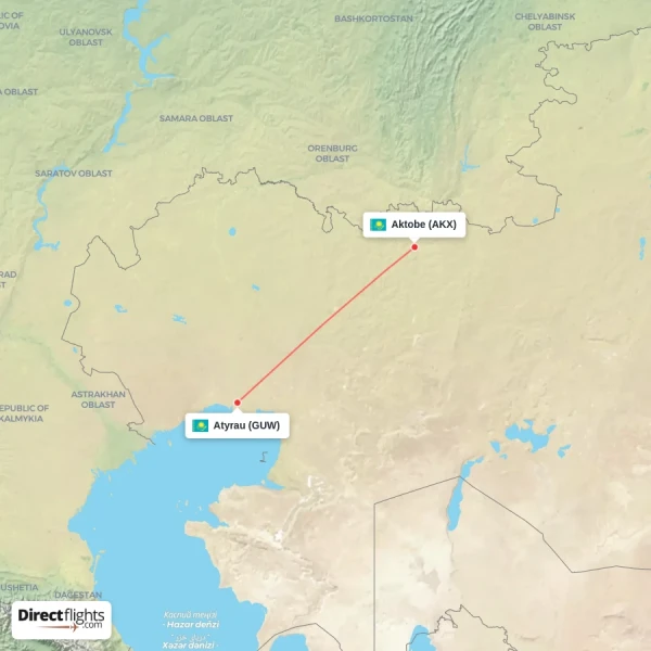 Atyrau - Aktobe direct flight map