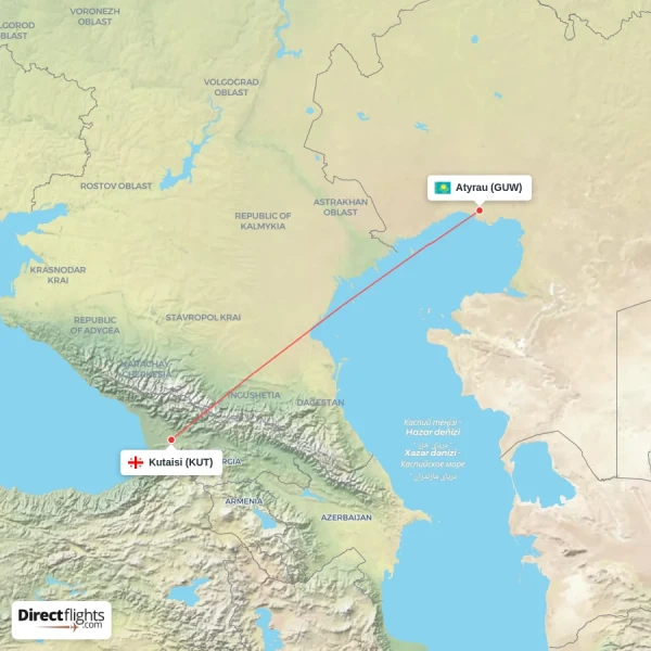 Atyrau - Kutaisi direct flight map