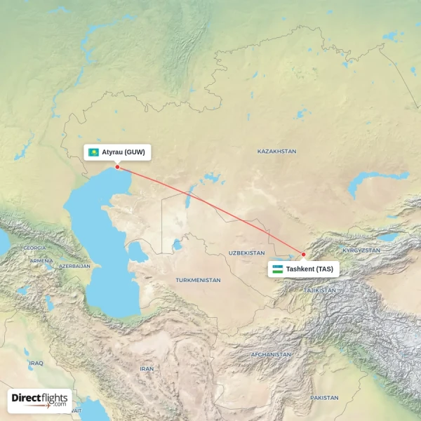 Atyrau - Tashkent direct flight map