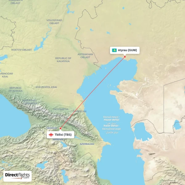 Atyrau - Tbilisi direct flight map