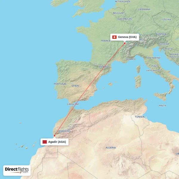 Geneva - Agadir direct flight map