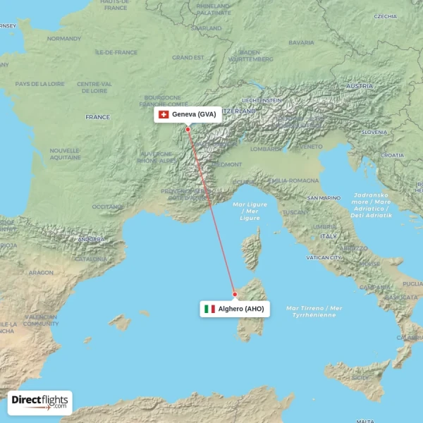 Geneva - Alghero direct flight map