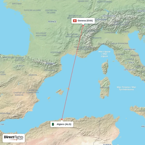 Geneva - Algiers direct flight map