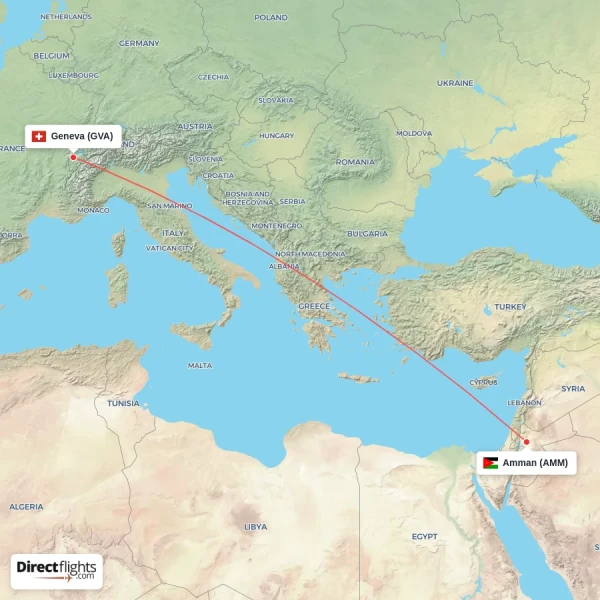 Geneva - Amman direct flight map