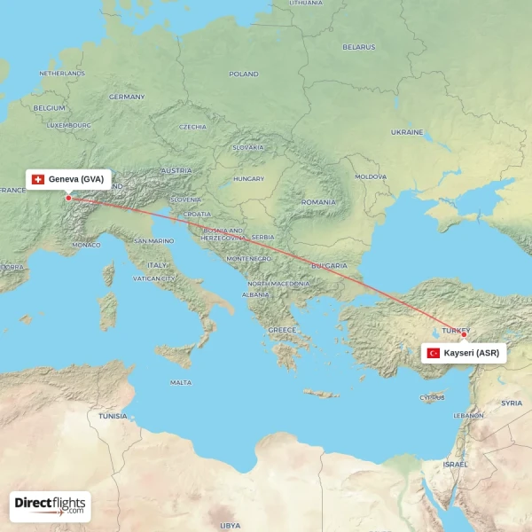 Geneva - Kayseri direct flight map