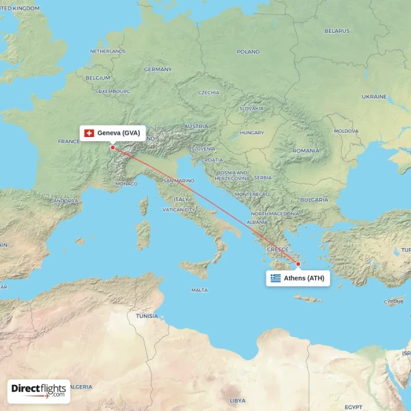 Geneva - Athens direct flight map