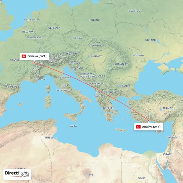 Geneva - Antalya direct flight map