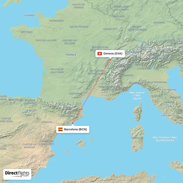 Geneva - Barcelona direct flight map