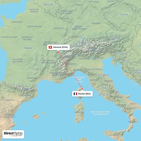Geneva - Bastia direct flight map