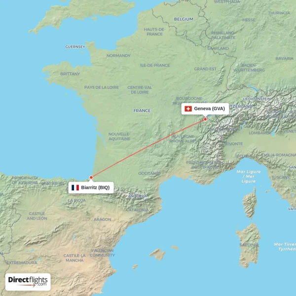 Geneva - Biarritz direct flight map