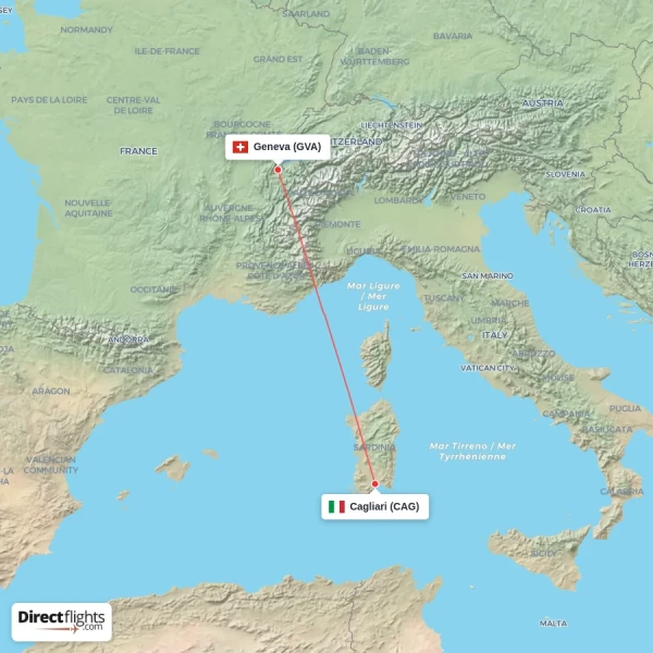 Geneva - Cagliari direct flight map