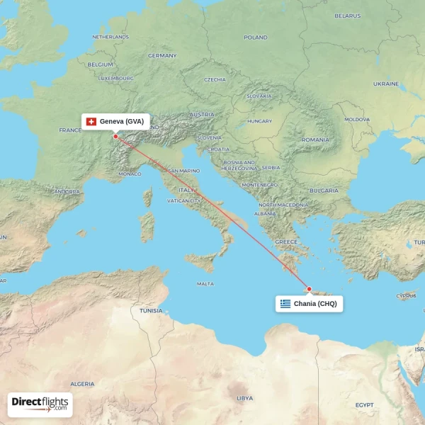 Geneva - Chania direct flight map