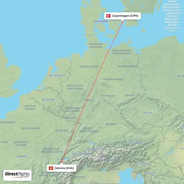Geneva - Copenhagen direct flight map