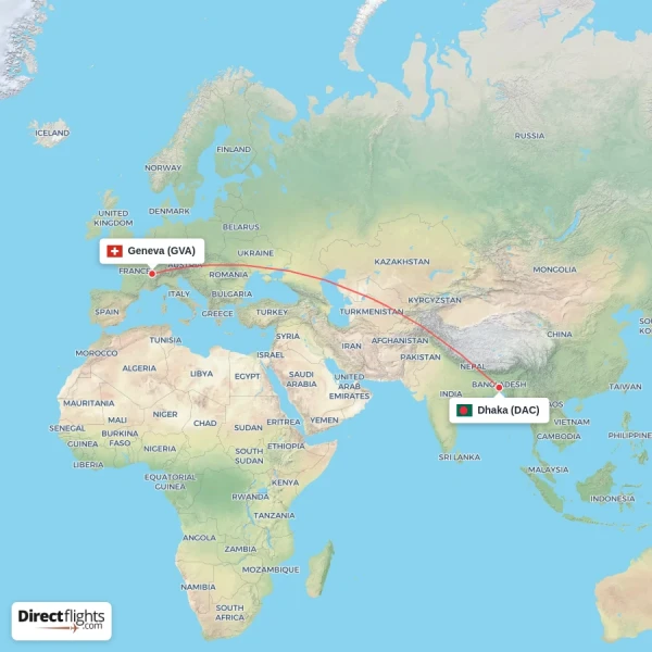 Geneva - Dhaka direct flight map