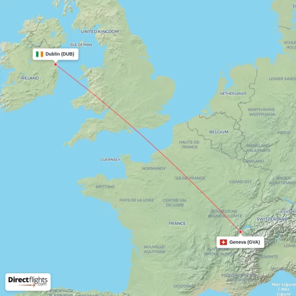 Geneva - Dublin direct flight map