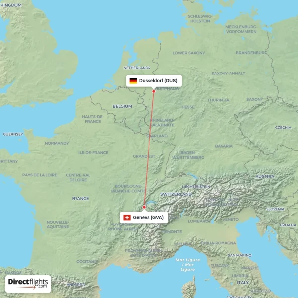 Geneva - Dusseldorf direct flight map