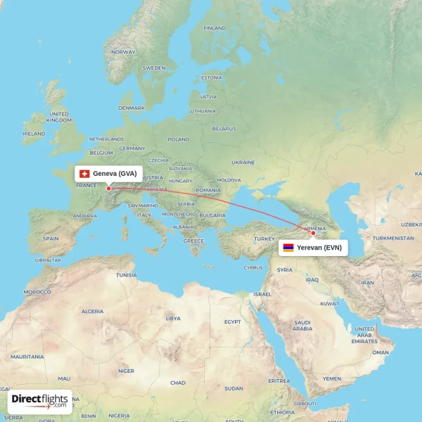 Geneva - Yerevan direct flight map