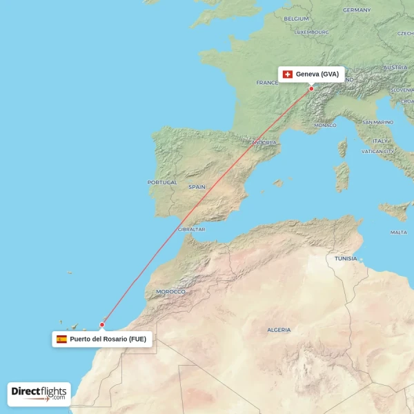 Geneva - Puerto del Rosario direct flight map